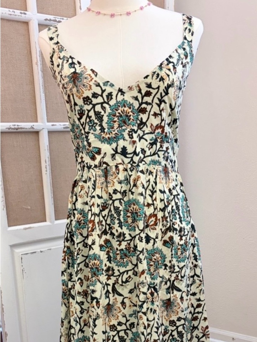 Anthropologie Raga Boho V-Neck Maxi Dress Cream Teal Small NWT